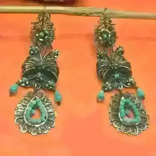 Traditional Mexican silver filigree earrings with turquoise