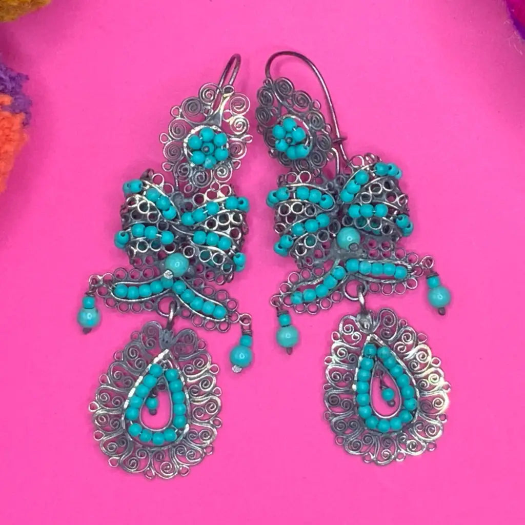 Traditional Mexican silver filigree earrings with turquoise