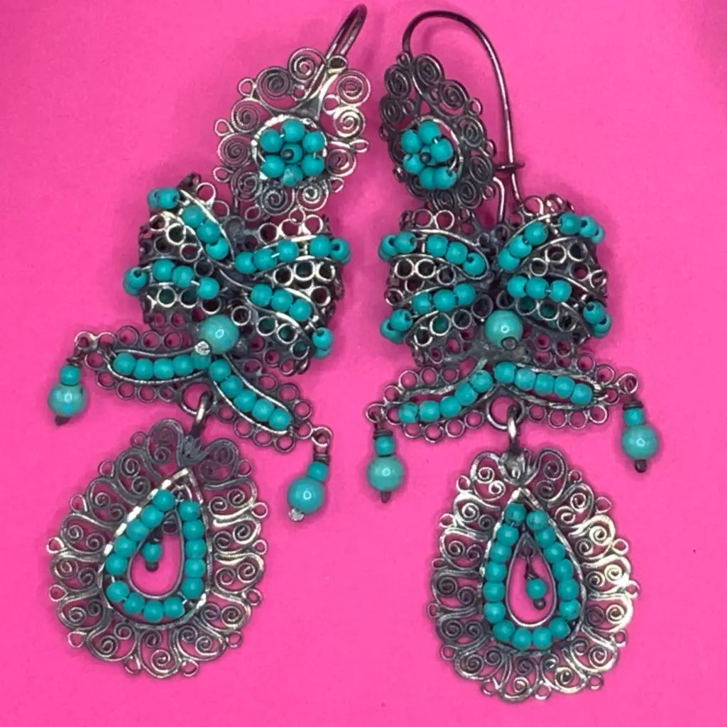 Traditional Mexican silver filigree earrings with turquoise