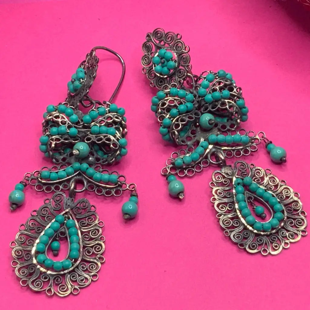 Traditional Mexican silver filigree earrings with turquoise