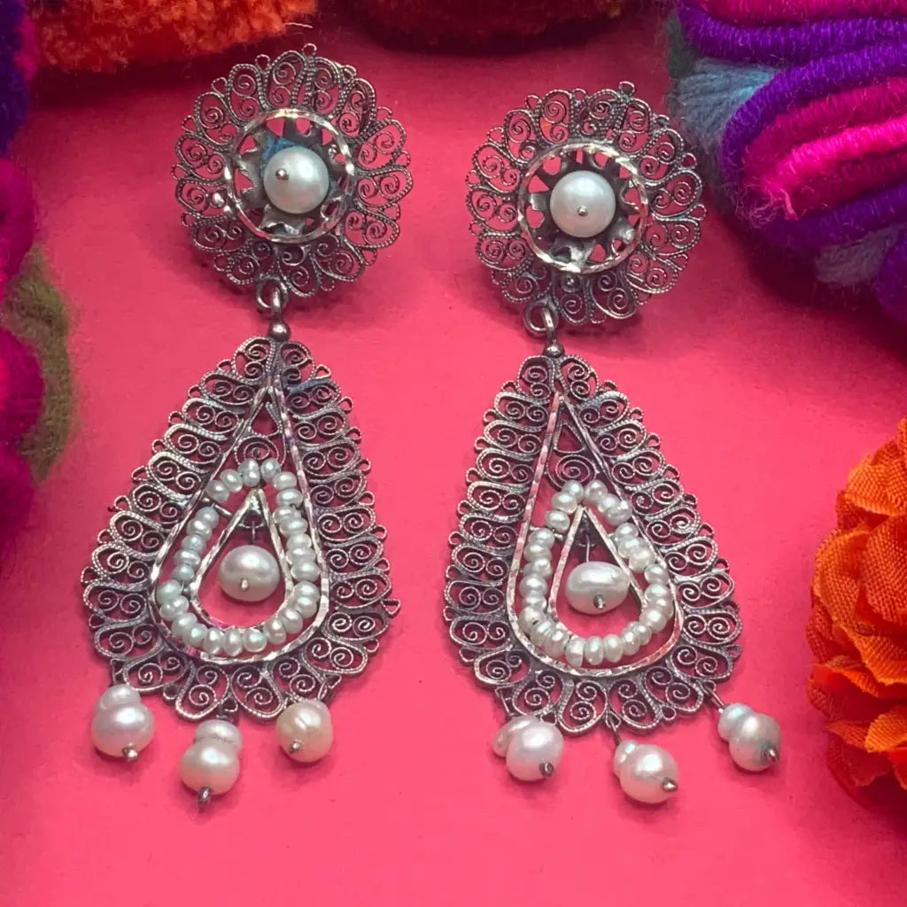 Traditional Oaxacan earrings with pearls Oaxaca sterling