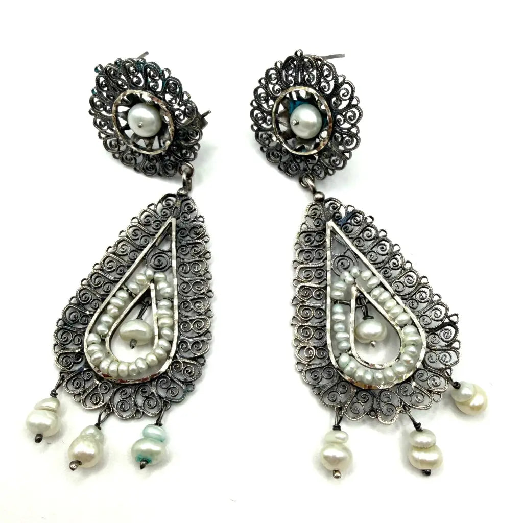 Traditional Oaxacan earrings with pearls Oaxaca sterling