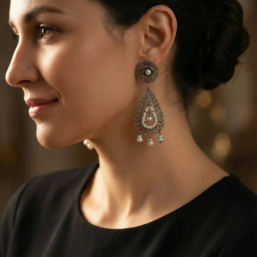 Traditional Oaxacan earrings with pearls Oaxaca sterling
