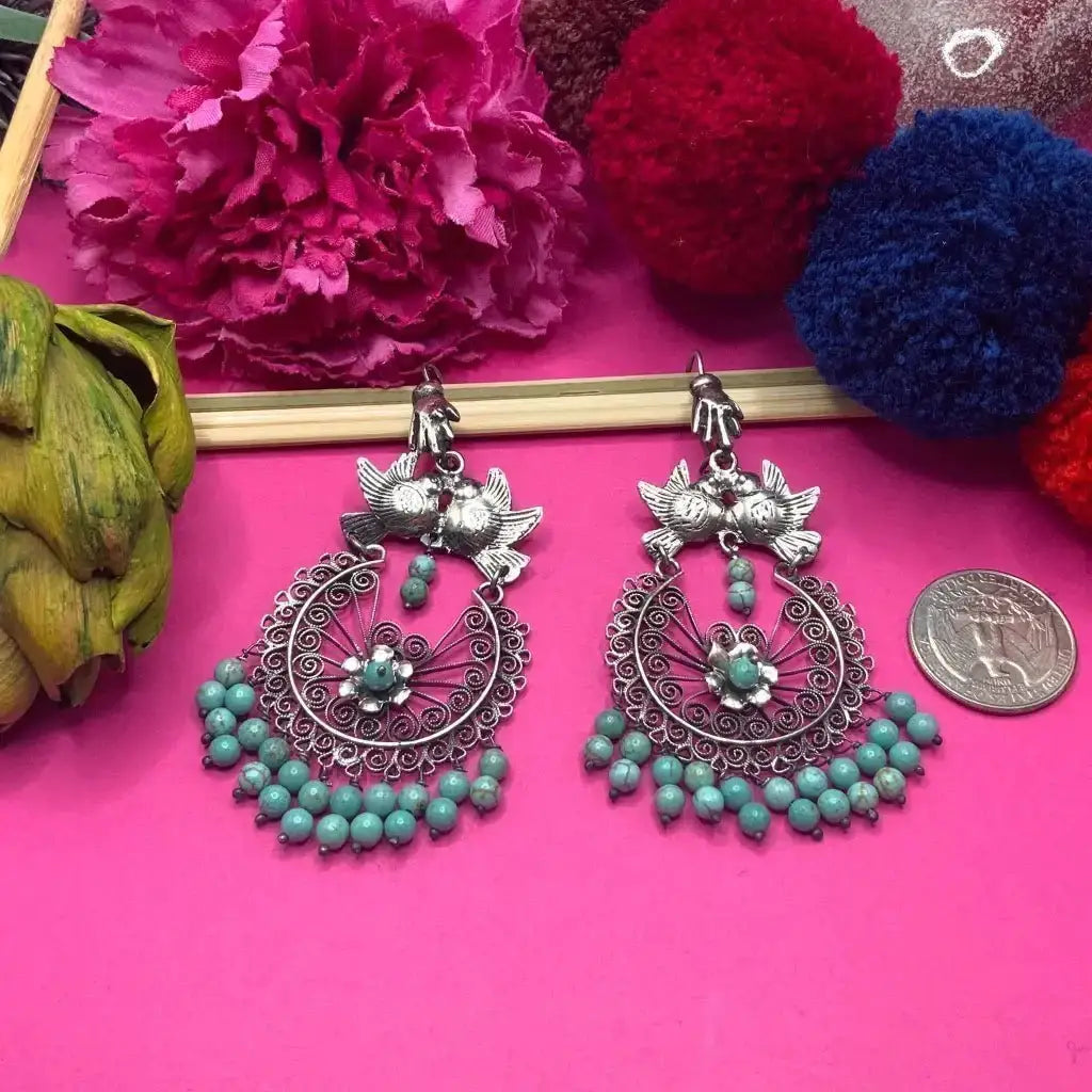 Traditional turquoise Mexican Handcrafted dove earrings