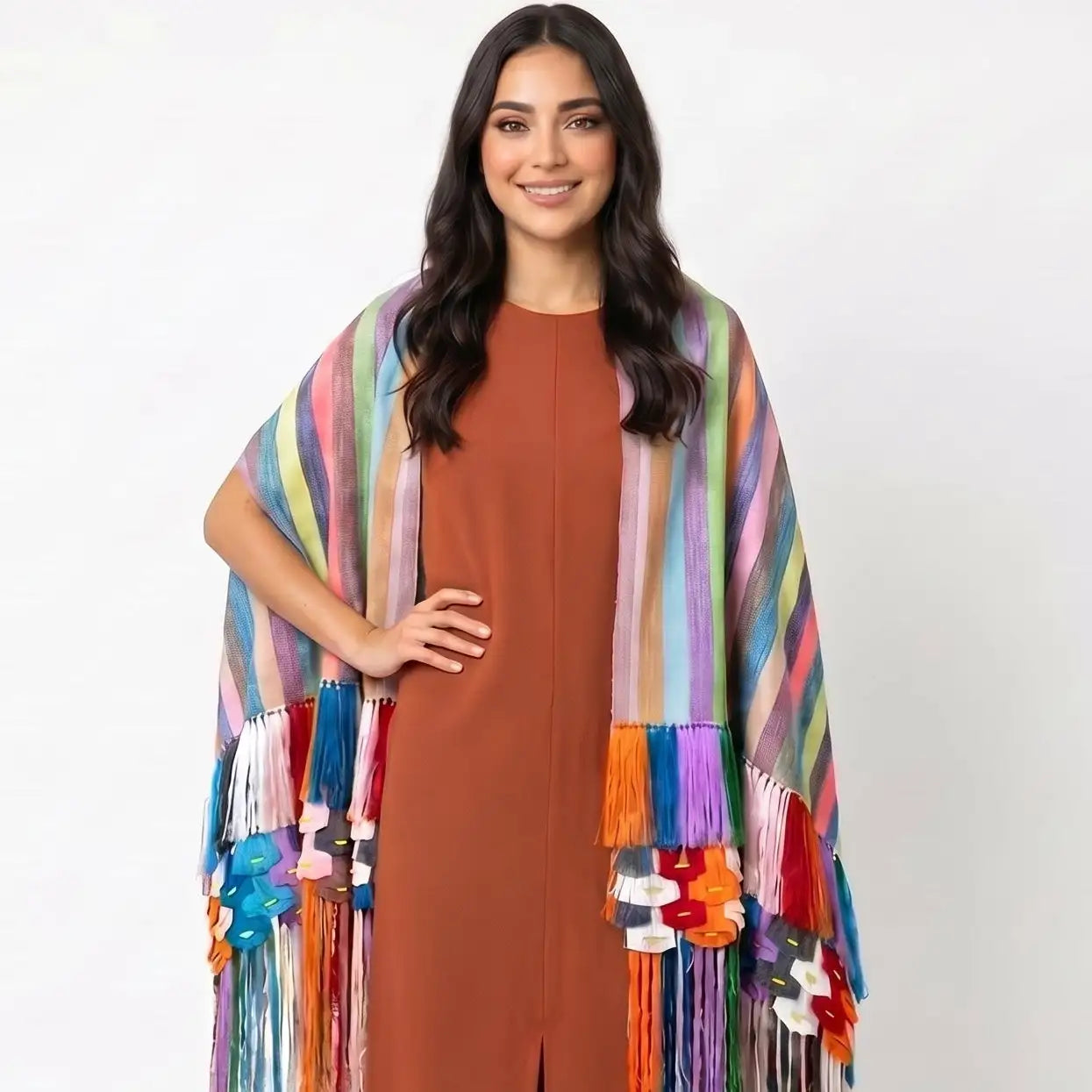 Purepecha handwoven rebozo with hand-tied silk fringe and natural feather accents, Michoacán Mexico