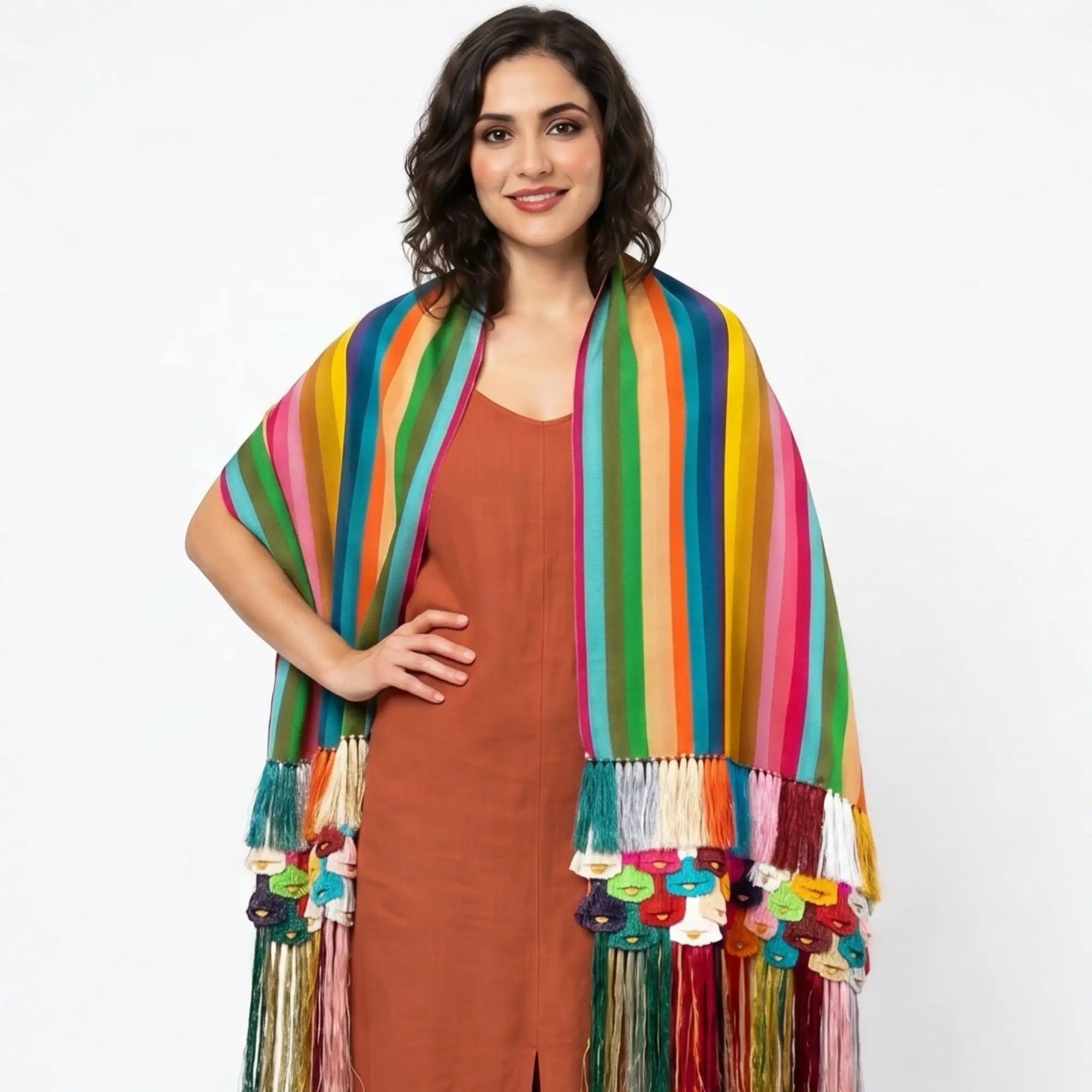 A vibrant rainbow-striped scarf with colorful tassels and embroidered details.