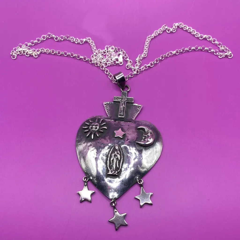 Vintage heart silver necklace from Oaxaca - antique