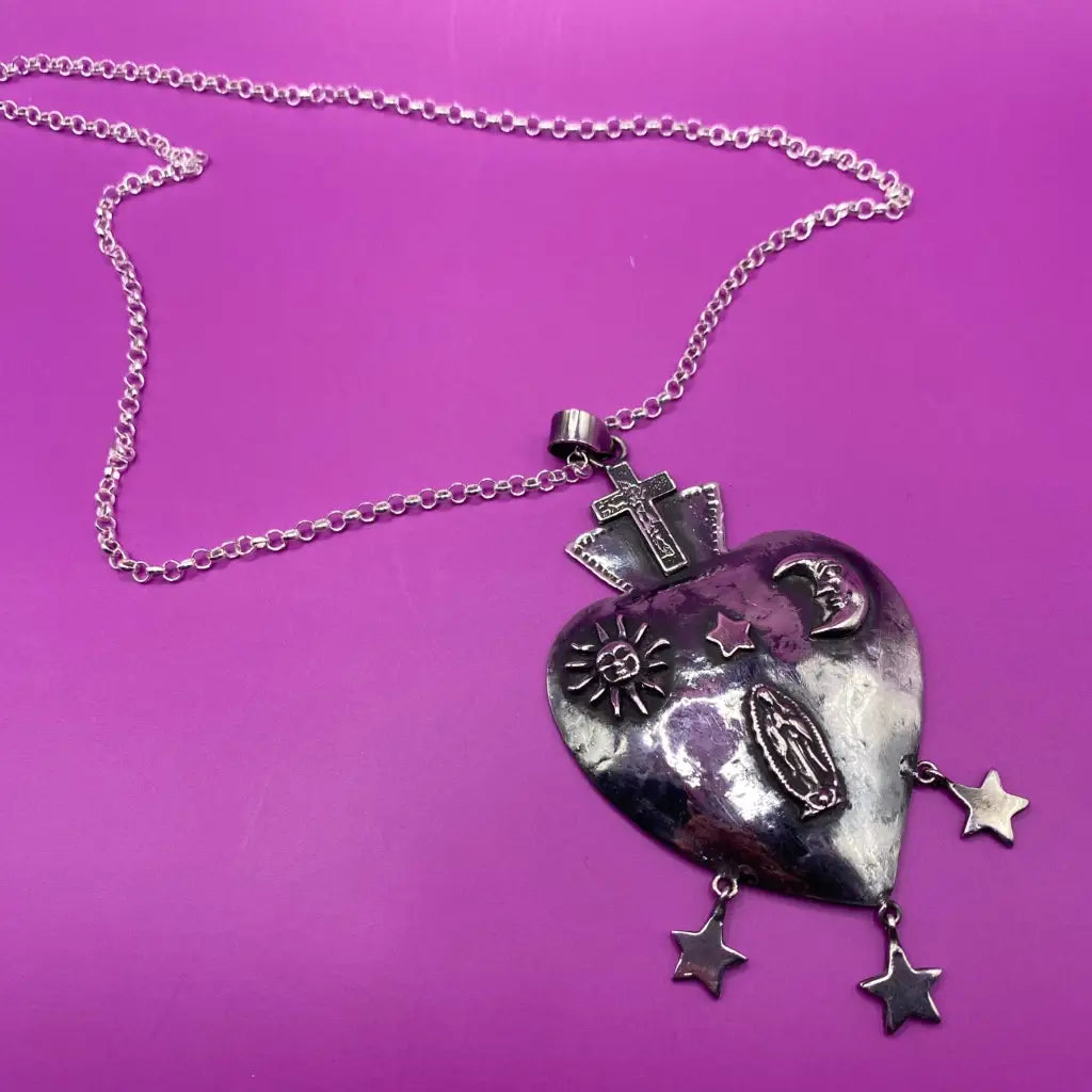 Vintage heart silver necklace from Oaxaca - antique