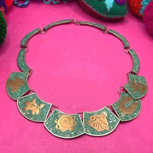 Vintage Mexican inlaid copper and silver necklace - bracelet