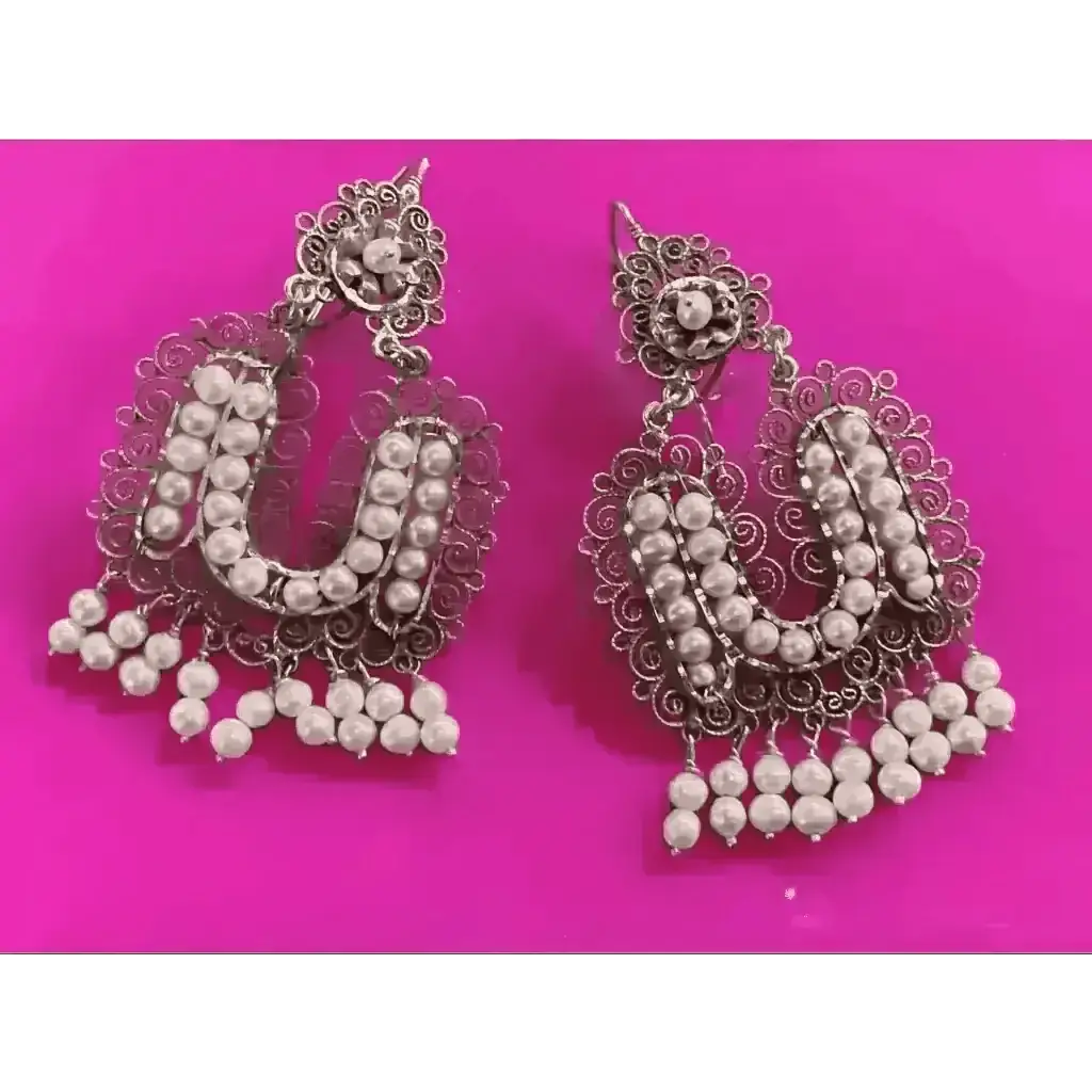 Vintage Oaxacan filigree earrings with pearls - necklace