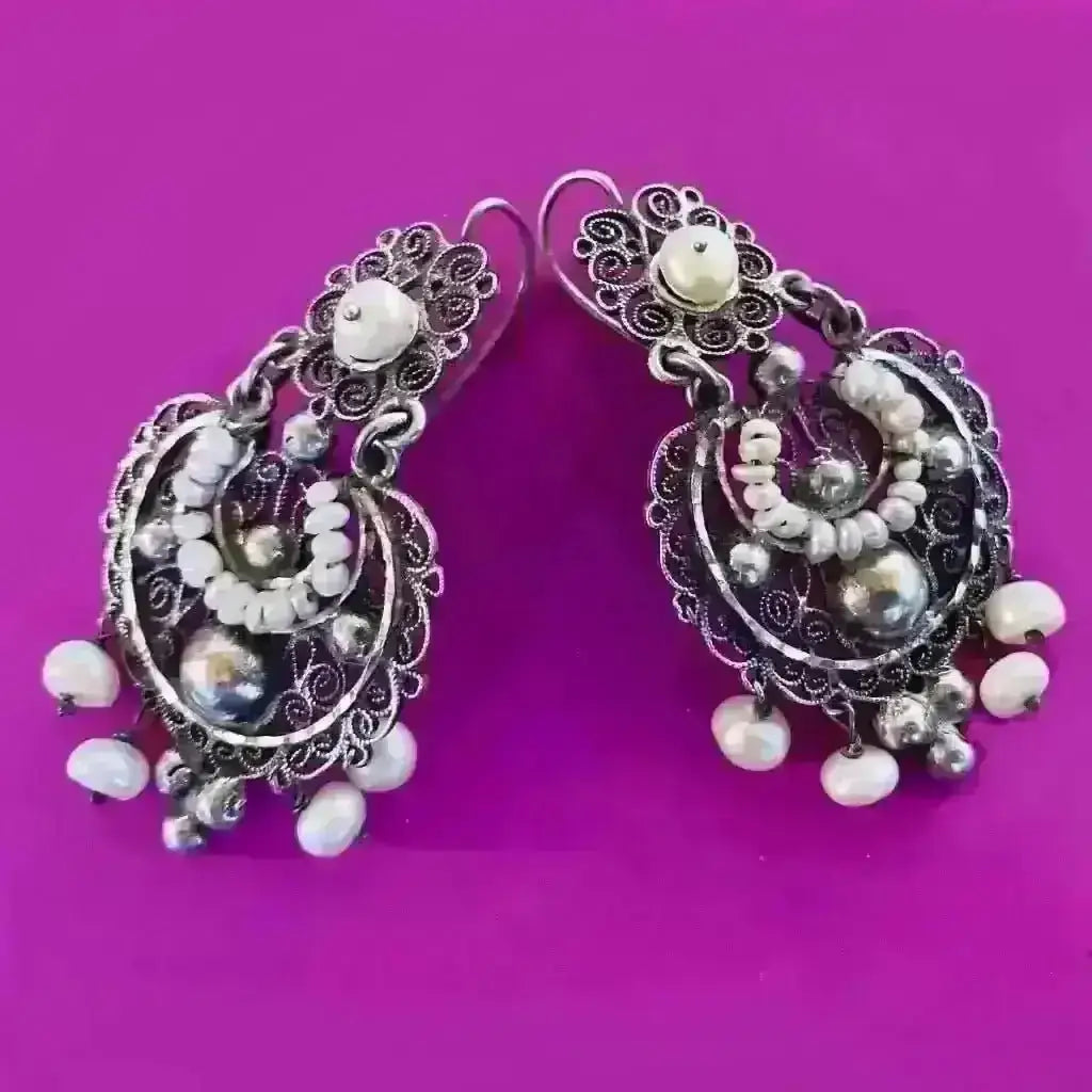 Vintage Oaxacan filigree pearl earrings - necklace