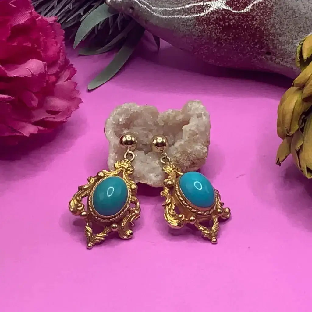 Vintage Victorian gold earrings with turquoise - antique
