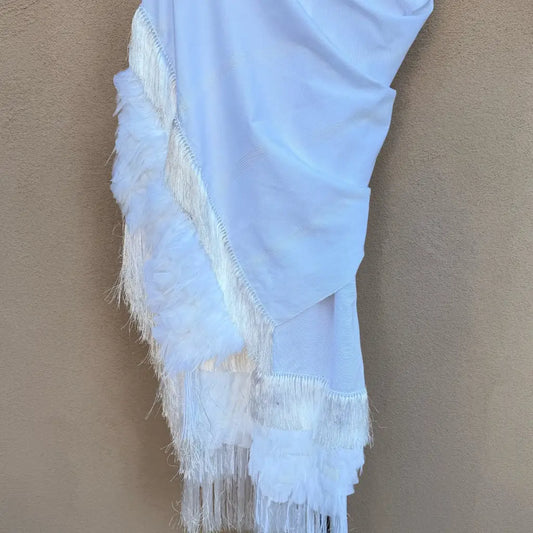 White Purepecha rebozo with fringe and feathers - Shawl