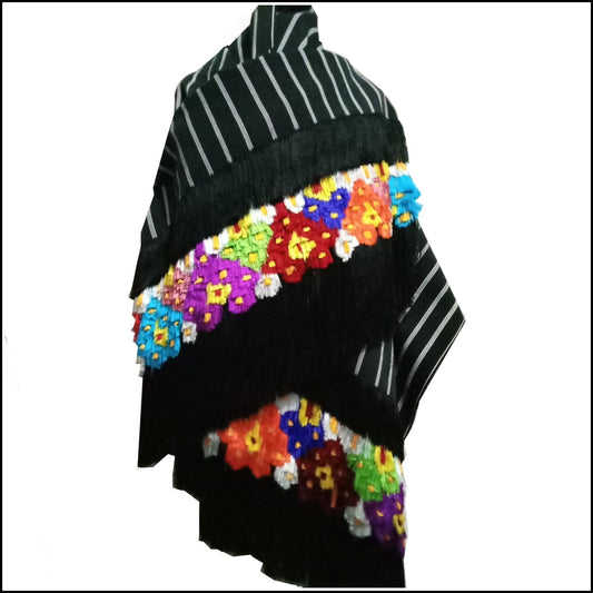Black white stripe multi color purepecha silk fringe rebozo from Michoacán - Mexican Oaxacan Silver Jewelry