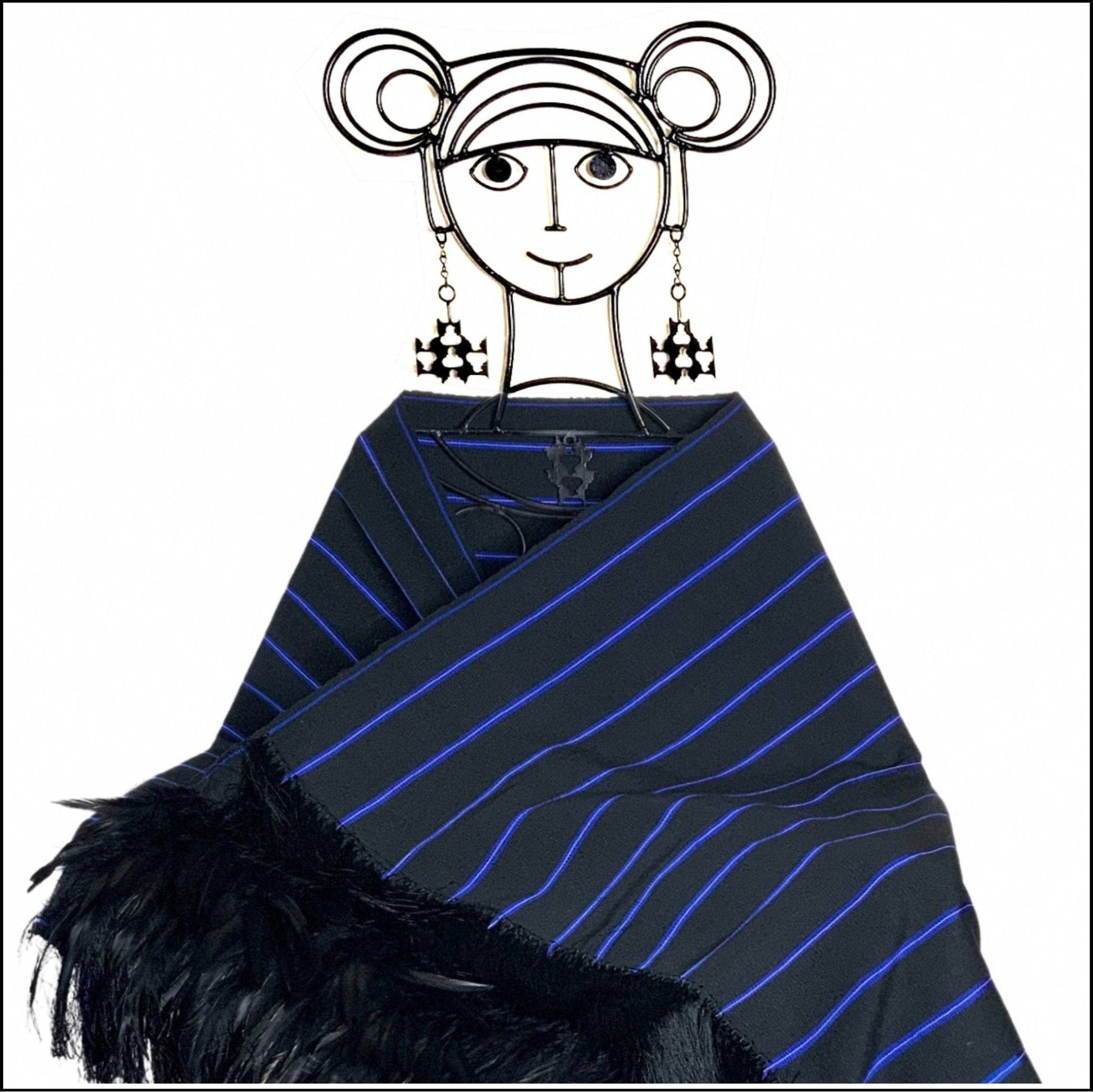 Black with Blue white stripe Purepecha rebozo with fringe and raven feathers - Mexican Oaxacan Silver Jewelry