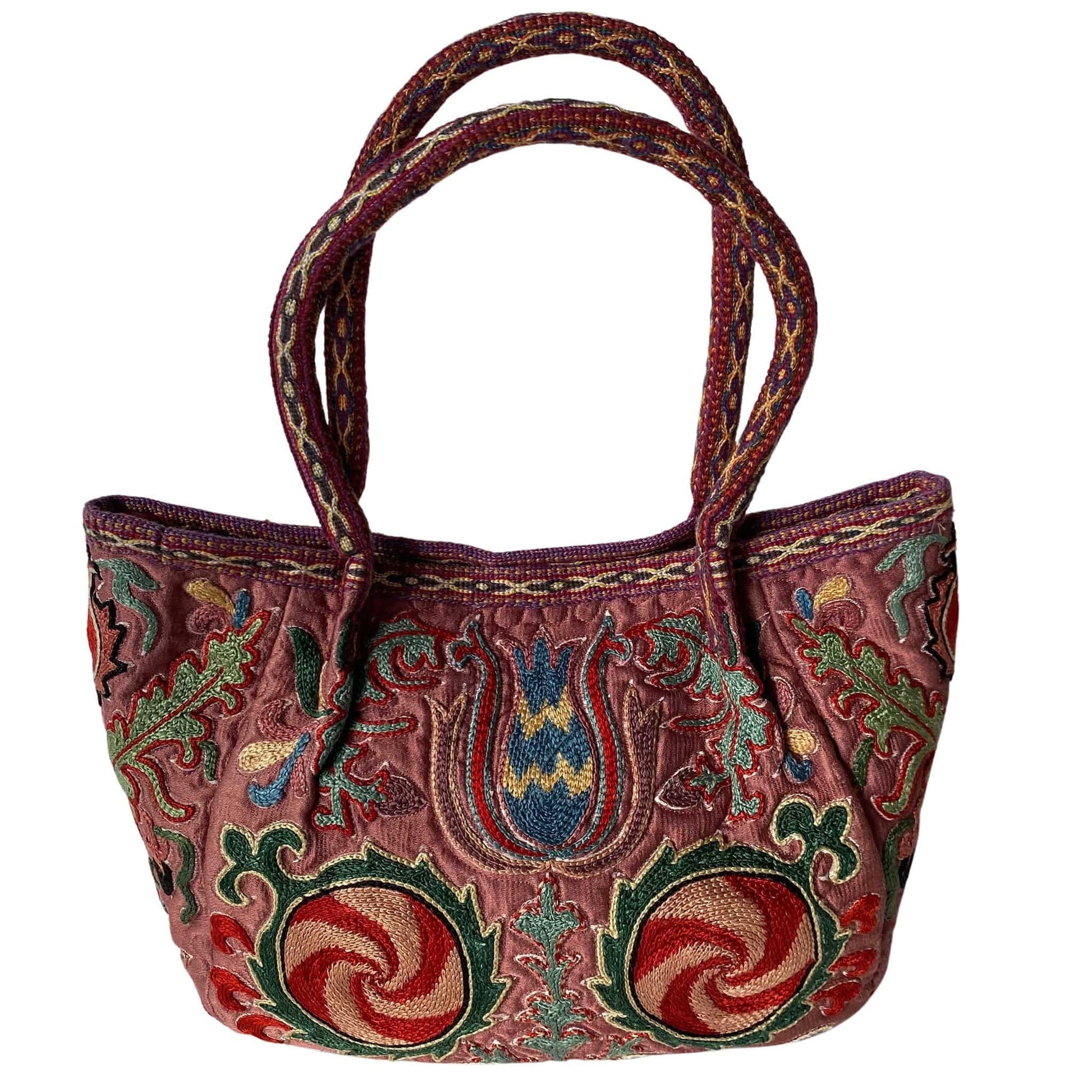 Embroidered silk Suzani Uzbekistan bucket handbag - Mexican Oaxacan Silver Jewelry