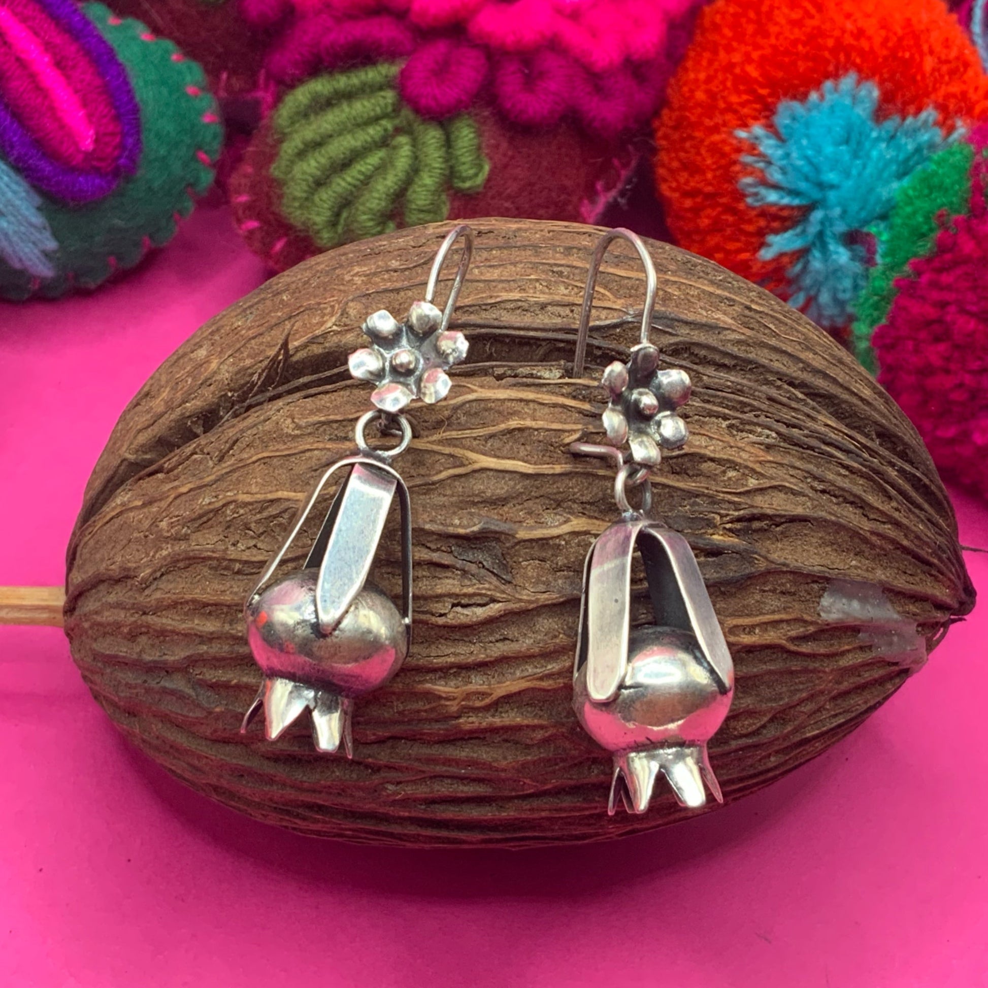 Fabulous Mexican Oaxacan silver drop squash blossom earrings , Frida Khalo style - Mexican Oaxacan Silver Jewelry