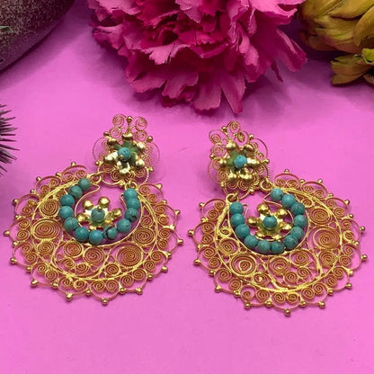 Gold Oaxacan filigree earrings with turquoise - Mexican Oaxacan Silver Jewelry