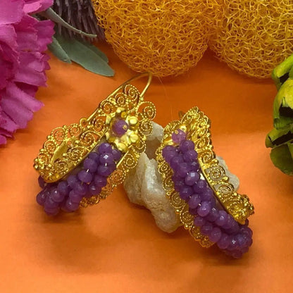 Large Gold vermeil amethyst Gusano Oaxacan filigree earrings - Mexican Oaxacan Silver Jewelry