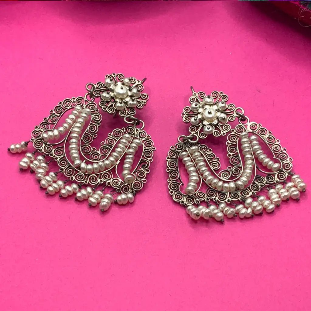 Mexican handmade filigree earrings with pearls - Mexican Oaxacan Silver Jewelry
