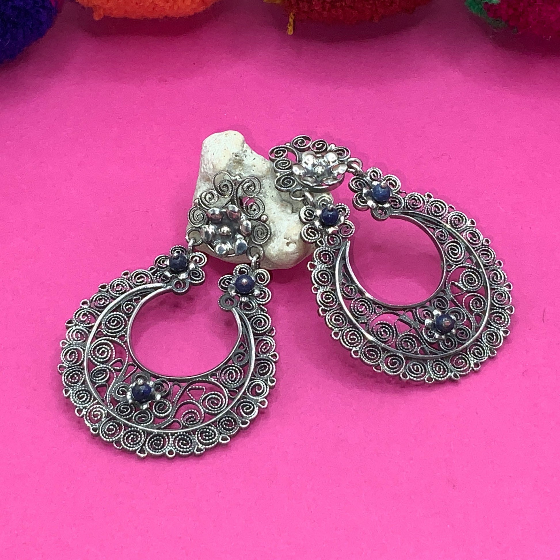 Mexican Oaxaca amethyst silver filigree earrings- Long, dangles, Frida Kahlo style - Mexican Oaxacan Silver Jewelry