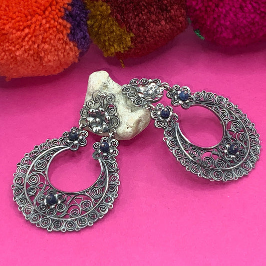 Mexican Oaxaca amethyst silver filigree earrings- Long, dangles, Frida Kahlo style - Mexican Oaxacan Silver Jewelry
