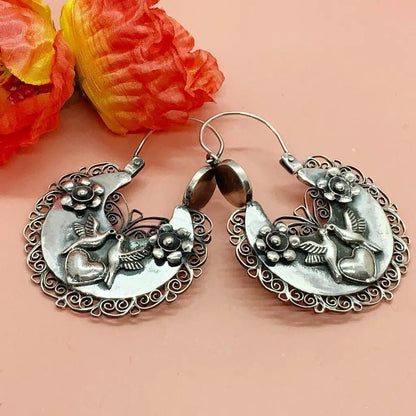 Mexican Oaxacan hoop silver filigree earrings with hearts and flowers and doves - Mexican Oaxacan Silver Jewelry