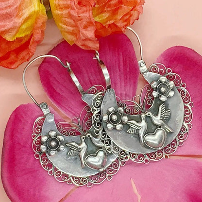 Mexican Oaxacan hoop silver filigree earrings with hearts and flowers and doves - Mexican Oaxacan Silver Jewelry