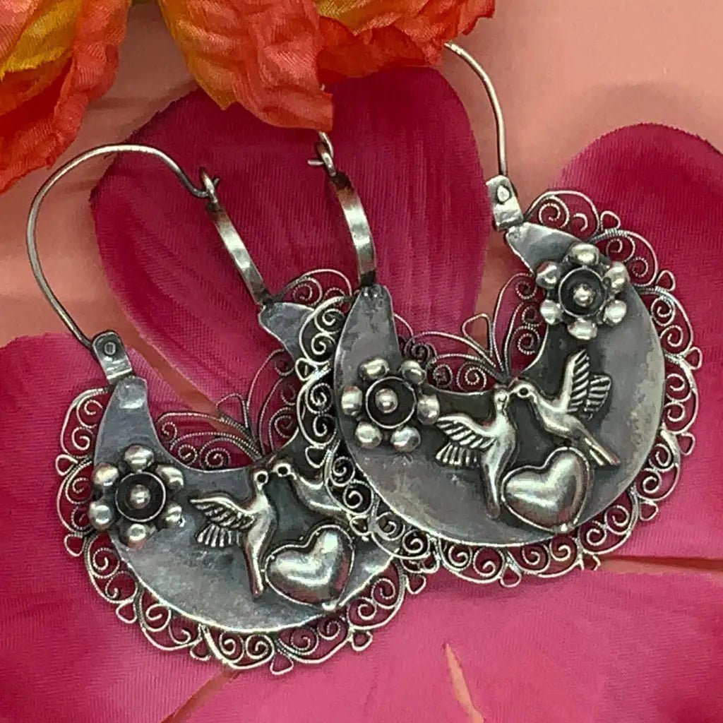 Mexican Oaxacan hoop silver filigree earrings with hearts and flowers and doves - Mexican Oaxacan Silver Jewelry