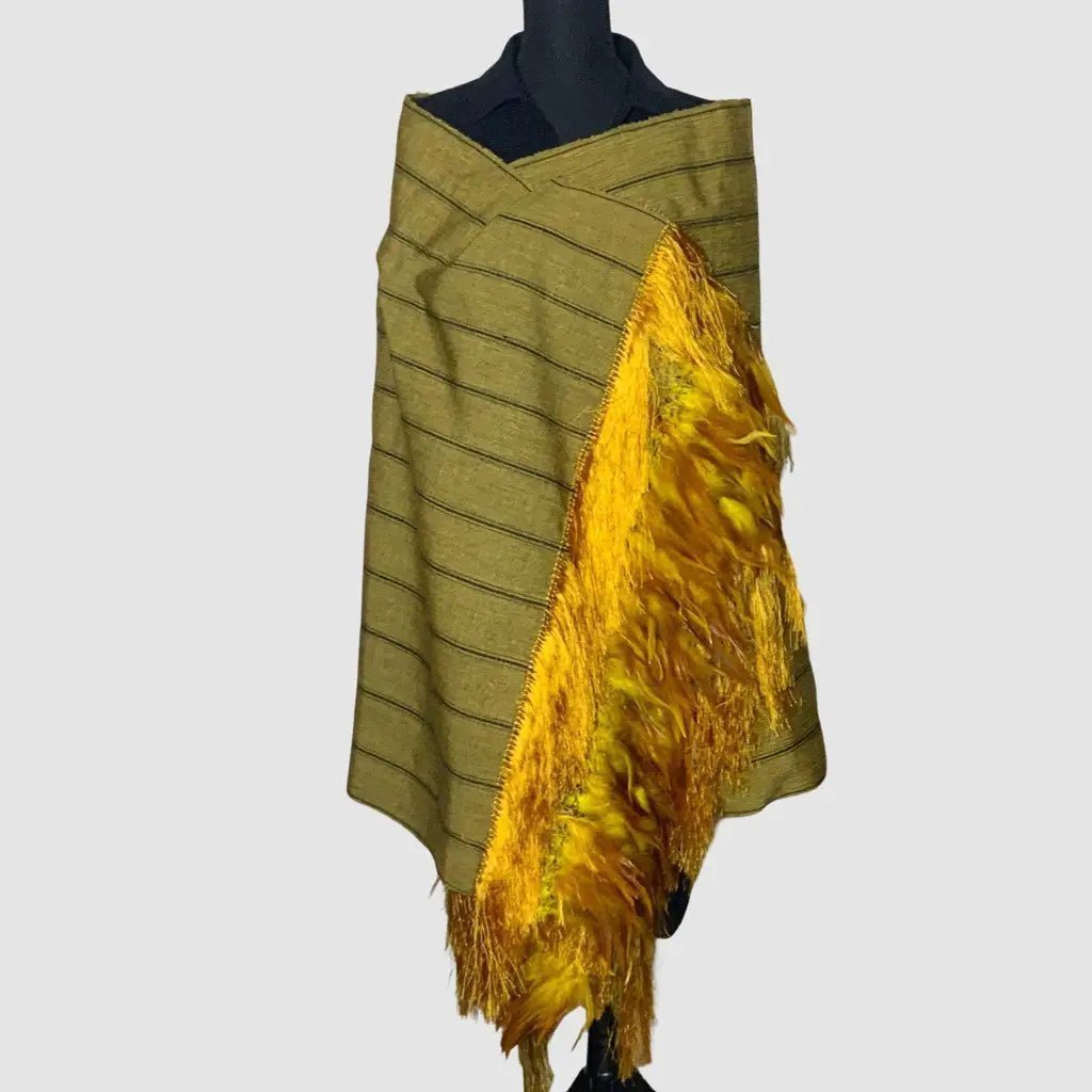 Mustard/black stripe rebozo with silk fringe and feathers - Mexican Oaxacan Silver Jewelry