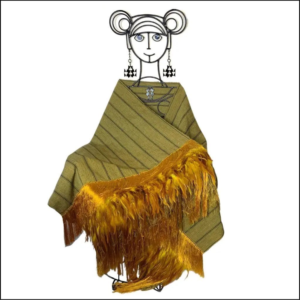 Mustard/black stripe rebozo with silk fringe and feathers - Mexican Oaxacan Silver Jewelry