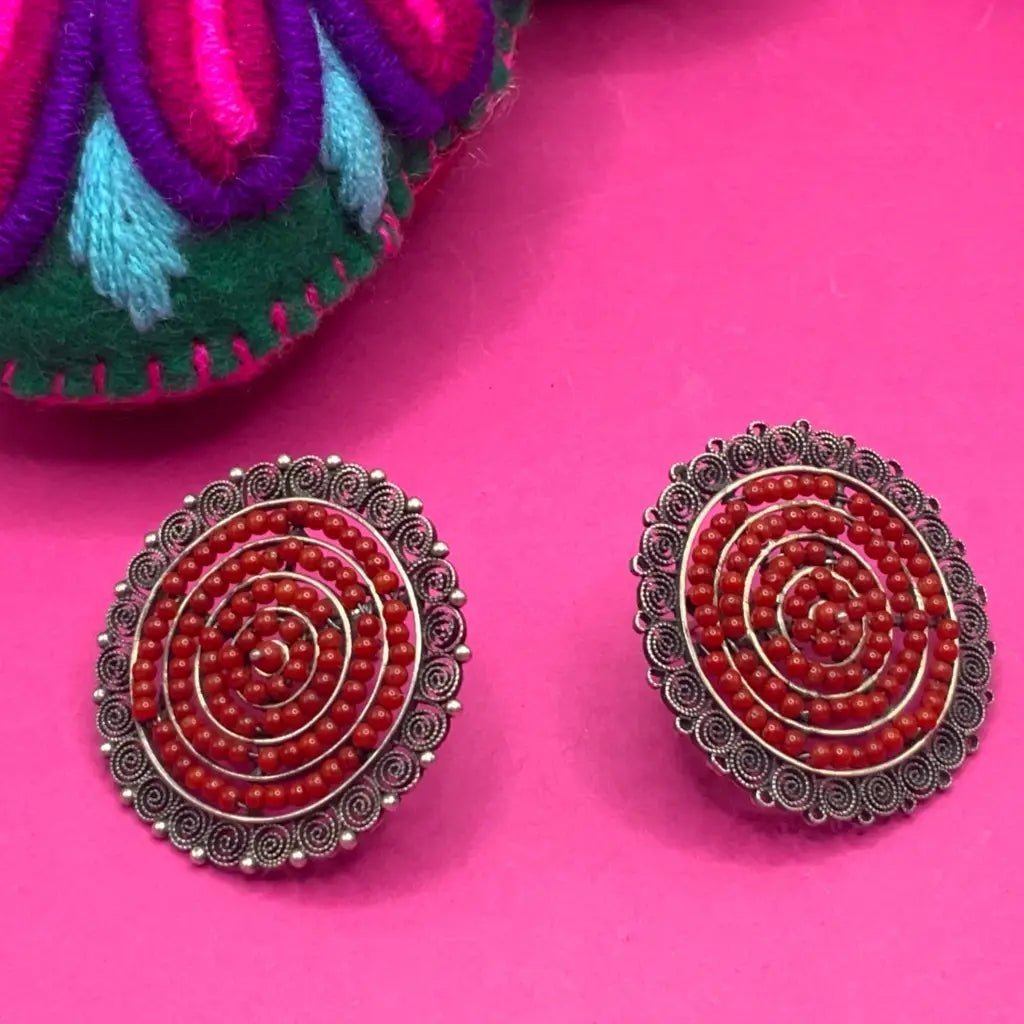 Oaxacan silver filigree earrings, coral Flowers - Mexican Oaxacan Silver Jewelry