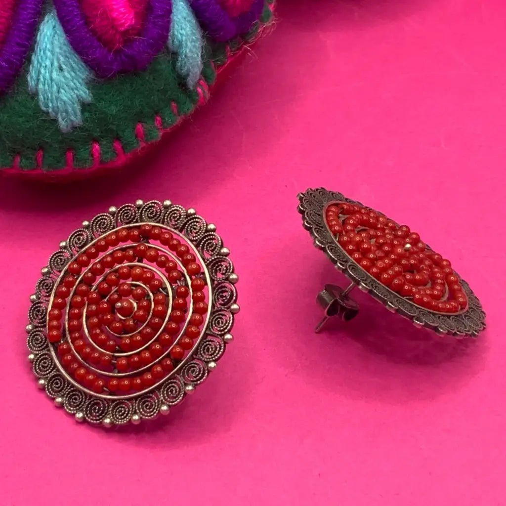 Oaxacan silver filigree earrings, coral Flowers - Mexican Oaxacan Silver Jewelry