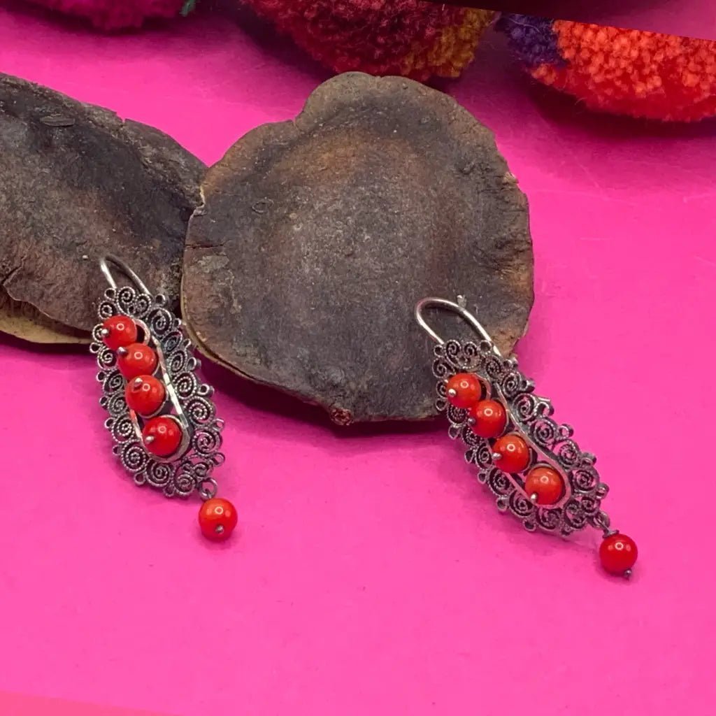 Oaxacan vintage Silver filigree Gusano earrings with coral circa 196 - Mexican Oaxacan Silver Jewelry