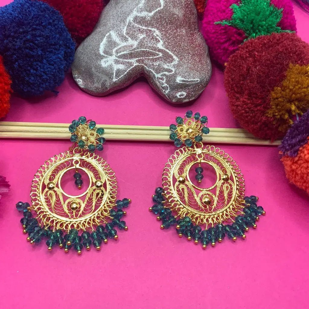 Round circle Grande Gold plated Mexican earrings with pearls - Mexican Oaxacan Silver Jewelry