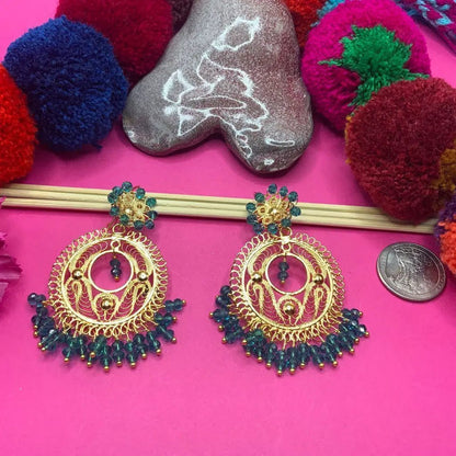 Round circle Grande Gold plated Mexican earrings with pearls - Mexican Oaxacan Silver Jewelry