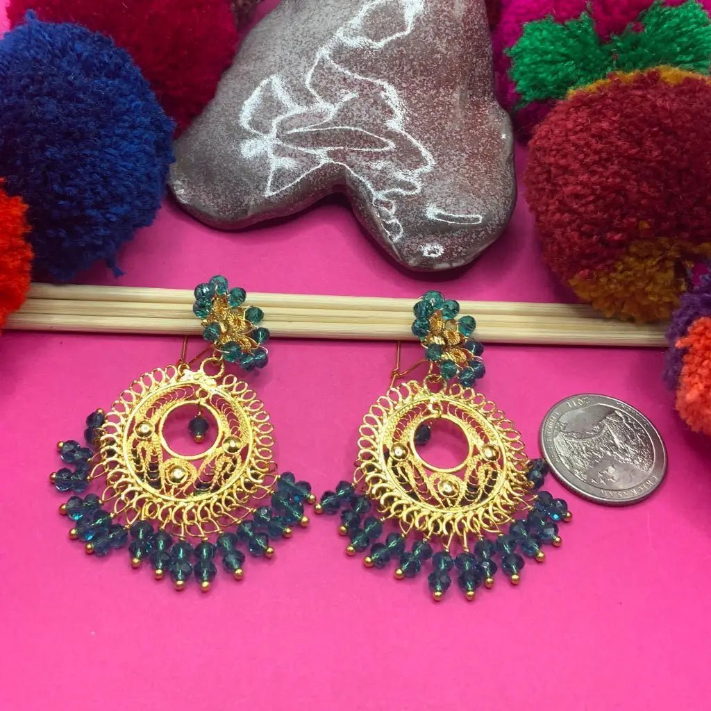 Round circle small Gold plated Mexican earrings with green beads - Mexican Oaxacan Silver Jewelry