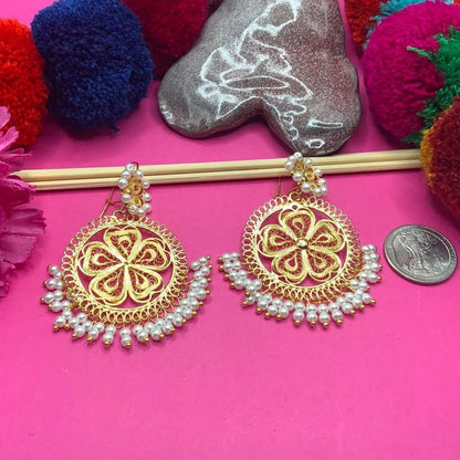 Round Grande Gold plated Mexican earrings with pearls - Mexican Oaxacan Silver Jewelry