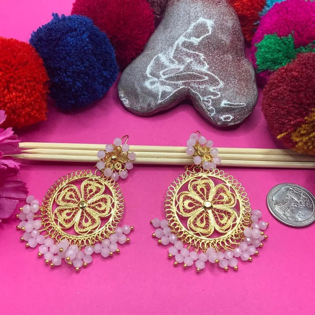 Round Grande Gold plated Mexican earrings with pink beads - Mexican Oaxacan Silver Jewelry