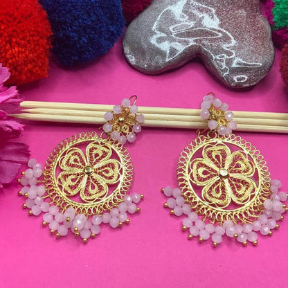 Round Grande Gold plated Mexican earrings with pink beads - Mexican Oaxacan Silver Jewelry