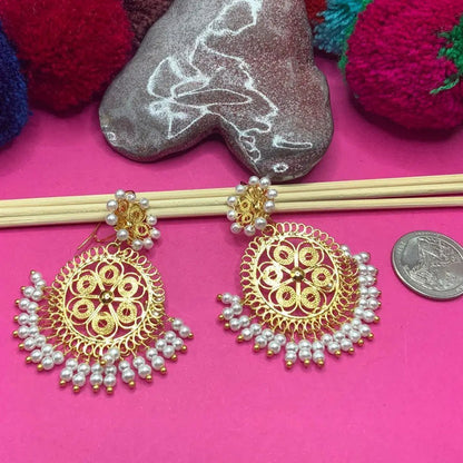 Round small Gold plated Mexican earrings with pearls - Mexican Oaxacan Silver Jewelry