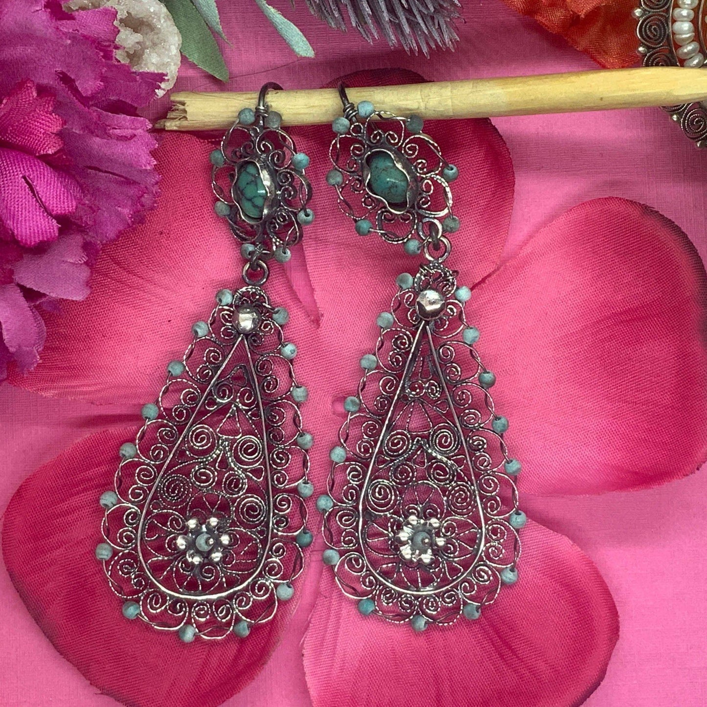 Handmade Silver Filigree Mexican Earrings with Turquoise Bohemian
