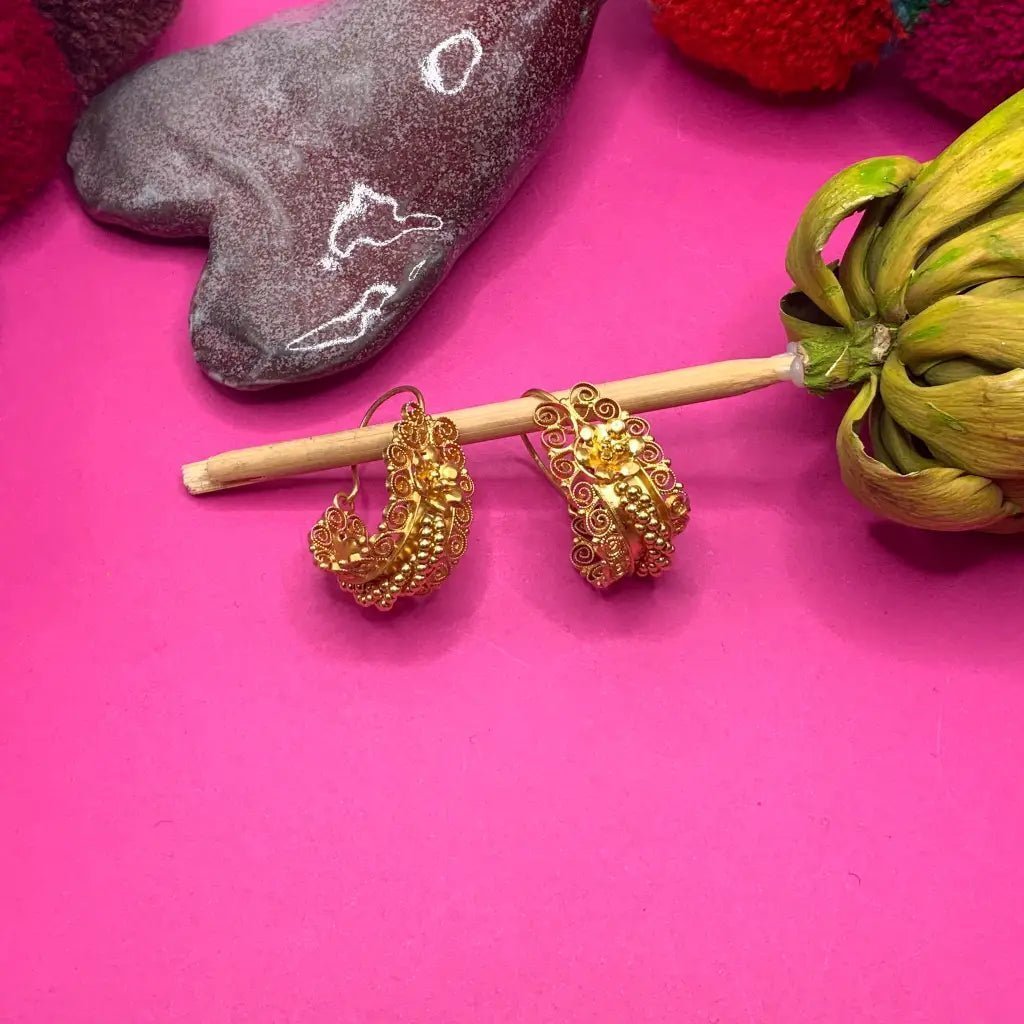 Small 24 karat gold vermeil Gusano hoop Mexican Oaxacan earrings with gold vermeil beads - Mexican Oaxacan Silver Jewelry