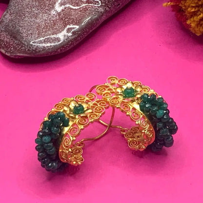 Small 24 karat gold vermeil Gusano hoop Mexican Oaxacan earrings with green agate - Mexican Oaxacan Silver Jewelry