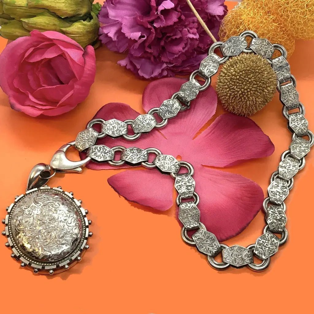 Victorian silver chain and locket-rare! - Mexican Oaxacan Silver Jewelry
