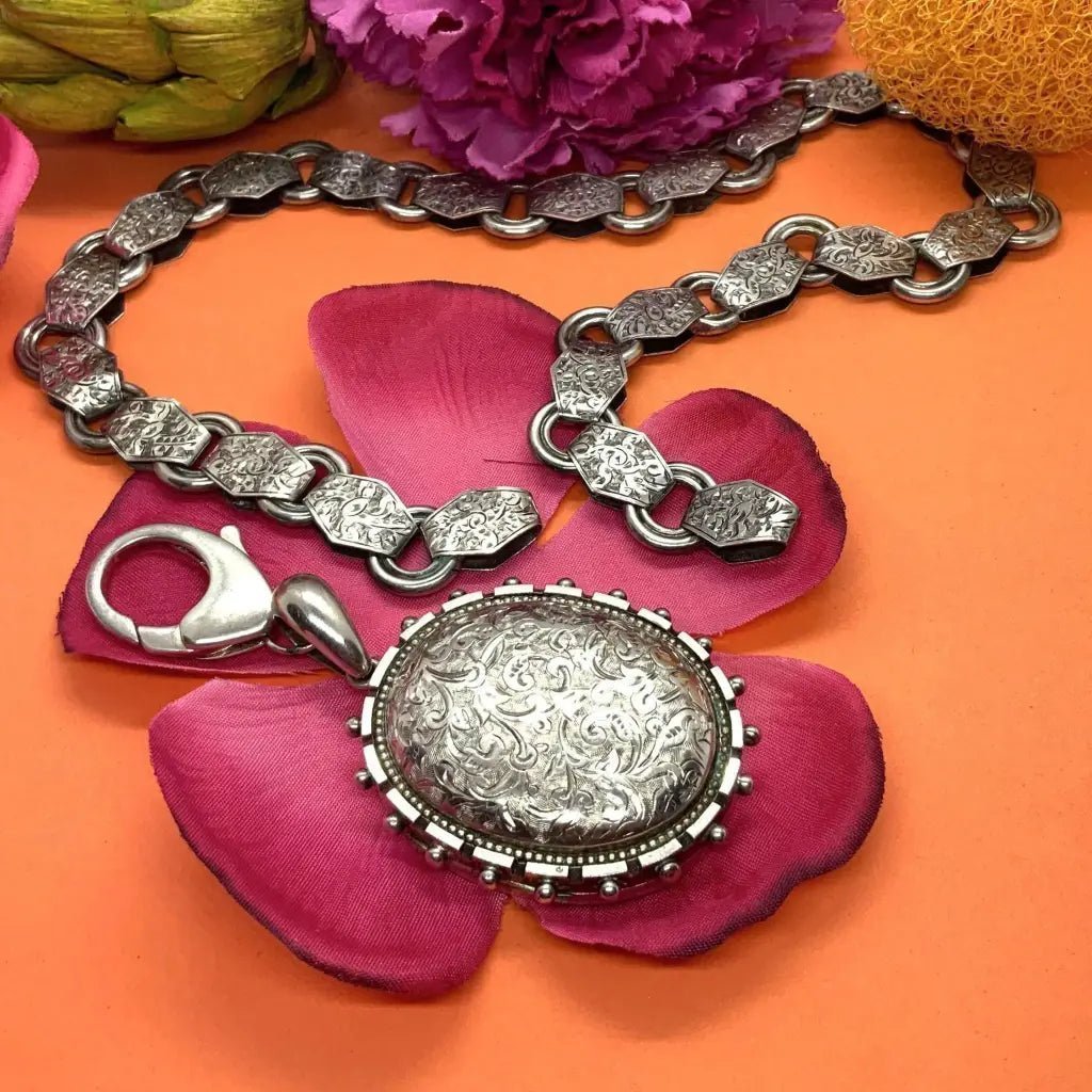 Victorian silver chain and locket-rare! - Mexican Oaxacan Silver Jewelry